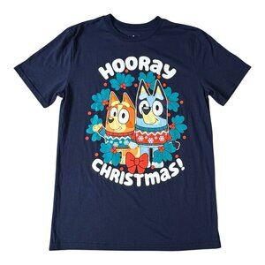 Bluey Christmas Tee Hooray Holiday Graphic Shirt Navy Blue Adult Medium Gift